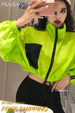 Huidianyin Spring Summer Women Casual Loose Pocket Color Contrast Batwing Sleeve Drawstring Zipper Short Coat Jacket