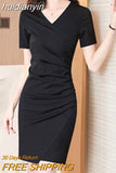 huidianyin Fashion Woman Elegant Midi Dress Summer Short Sleeve V-Neck Fashion Office Lady Slim Solid All-match Casual Tunics Robe