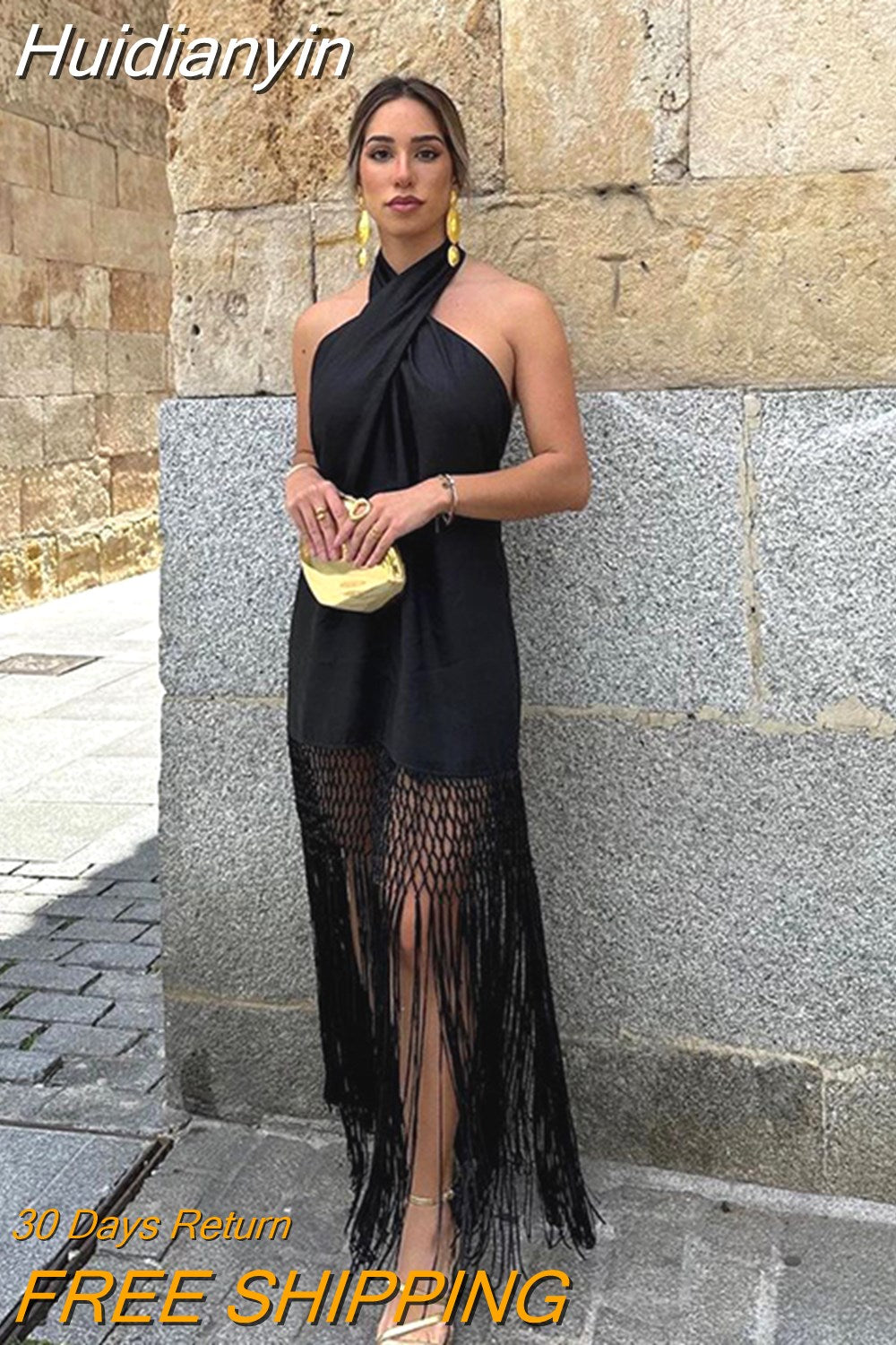 Huidianyin Solid Tassel Women's Maxi Dress Sexy Cross Hanging Neck Open Back Sleeveless Robes 2023 Summer Lady Party Chic Vestidos