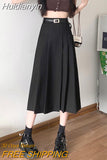 Huidianyin Skirt Solid Color High Waist Elastic A-line Temperament Basic Casual Fashion All-match Office Sweet Preppy Style Skirt