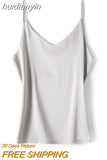 huidianyin Silk Women Camis Tops Woman V-neck Satin Tank Tops Women Sleeveless Silk White Tops 3XL Sexy Satin Halter Top OL Clothing