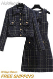 Huidianyin Women's 2 Piece Knee Length Jacket Dress Tweed Jacket and Sleeveless Dress Plaid Two Piece Suit Coat +Mini Tweed Dress