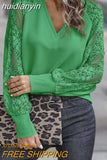 huidianyin Fashion Lace Stitching Knitwear Blouses Women Long Sleeve V Neck Tops Green Elegant Loose 3XL Hollow Out Clothes 24333