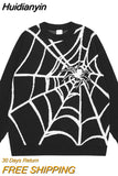 Huidianyin NEW Streetwear Spider Web Sweater Knitted Sweater Hip Hop Pullover Cotton Unisex Harajuku Sweater Soft Y2K Clothing Black