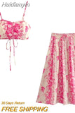 Huidianyin Print Long Skirts For Women Fashion 2023 Pink Floral Skirt Woman Fashion High Waist Midi Skirt Sets Pleated Summer Skirts