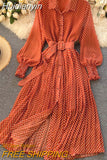 Huidianyin Autumn Women Vintage Maxi Party Dress Long Sleeve Orange Polka Dot Pleated Evening Black Vestidos Femme Fashion Robe New