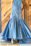 Huidianyin SIZE Fashion Denim Long Dress Sexy Women Bow Halter Swing Sundress Holiday Sleeveless Robe Casual Loose Mermaid Maxi Dress