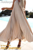 Huidianyin Vestidos Fashion Beach Women's Maxi Dress Solid Color Casual Sleeveless Halter V Neck High Waist Commute Pleated Dresses