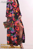 Huidianyin Fashion Beach Vestidos Women Printing Shirt Dress Bohemian Casual Loose Maxi Dress 2023 Holiday Lapel Side Slit Long Robe