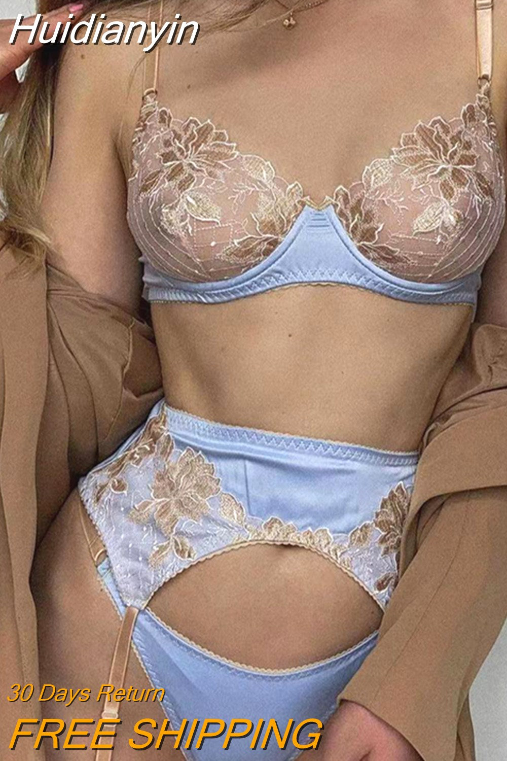 Huidianyin Sexy Lingerie Lace Embroidery Erotic Underwear Set Underwire Push Up Bra Brief Sets with Garters Fancy Sensual Outfit