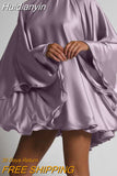 Huidianyin Sexy Backless Satin Mini Dress 2023 Fashion Women Stand Collar Elegant Big Flared Sleeve Ruffle Solid Party Vestidos Robe