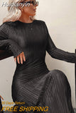 Huidianyin Autumn Striped Ruched Ruffle Sexy Y2K Clothes Long Sleeve Bodycon Midi Dresses For Women 2023 Club Party Elegant Outfit