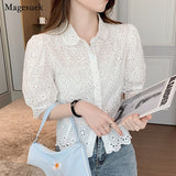 huidianyin Women's Tops Korean Style 2023 Fashion Temperament Slim Shirt Hollow Lace Hook Flower Short Sleeve Lapel Blouse 14030