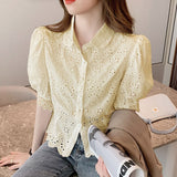 huidianyin Women's Tops Korean Style 2023 Fashion Temperament Slim Shirt Hollow Lace Hook Flower Short Sleeve Lapel Blouse 14030