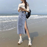 Huidianyin Autumn New Vintage Women Denim Skirt Street Style High Waist Straight A-Line Chic Hem Casual Elegant Split Skirts