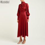 Huidianyin ZANZEA Autumn Long Lantern Sleeve Party Sundress Elegant Women Satin Midi Dress Fashion Solid Pleated Work Vestidos Kaftan