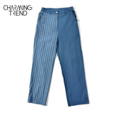 huidianyin striped Women's jeans trousers straight high waist denim fabric blue female pants casual chic girl jeans