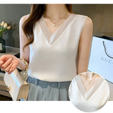 huidianyin Tops for Women Satin Mesh Female Tank Top Sexy V-neck Woman Vest White Basic 2023 Ladies Tops Sleeveless Women Clothing