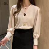 huidianyin Lady Autumn Solid Women Blouses All-match Korean Tops V-neck Lantern Long Sleeve Clothes with Button Woman Shirt 10567