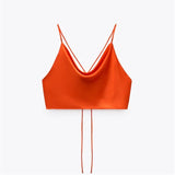 Huidianyin Top Women Satin Top Woman Orange Summer Crop Top Female Backless Pink White Top Women Straps Sleeveless Sexy Tanks Camis