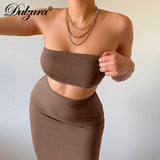 Huidianyin Solid Women 2 Piece Set Tube Crop Top Midi Skirt Bodycon Sexy Streetwear Party Club Elegant Matching Co Ords 2023 Summer