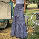 Huidianyin Women Skirts Vintage Plaid Long Skirts Female High Waist Casual Loose Belted Pleated Check Party Maxi Skirt