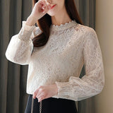 huidianyin Office Lady Vintage Autumn Women White Shirt Women 2023 New Puff Sleeve Blouses Elegant Lace Blouse Women Top Mujer 11196