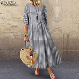 Huidianyin New Fashion Women Long Maxi Dress ZANZEA Womens Plaid Check Vestidos Beach Party Summer Sundress Long Shirt Robe