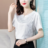 huidianyin Women's Blouse Satin O-Neck Short shirts Pretty and Cheap White Print Silk Fashion Women Blouses 2023 Elegant Summer Female Top