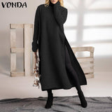 Huidianyin Long Dress VONDA Autumn Loose O Neck Side Split Fashion Pullover Maxi Sweatshirt Dresses Asymmetric Vestidos Femme Robe 925