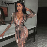 Huidianyin tie dye print women midi dress long sleeve bodycon sexy bandage bodycon sexy 2023 autumn winter clothes party dinner