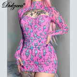 Huidianyin Flame Print Hollow Out Women Mini Dress Long Sleeve Gloves Drawstring Ruched Bodycon Sexy Streetwear Club Gothic Autumn