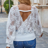 huidianyin Backless Women Lace Blouse V Neck Long Sleeve Lace Stitching Shirts Sweet Spring Elegant White Woman Blouses Top 18474