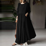 Huidianyin Women Elegant Maxi Long Dress ZANZEA 2023 Autumn Vintage Long Sleeve Solid Sundress Kaftan Femme Robe Vestidos  Baggy