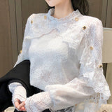 huidianyin Crochet Lace Blouse Women Chic Ruffle Lace Stitching Shawl Ladies Stand Collar Tops 2023 Spring Long Sleeve Slim Shirt13025 925