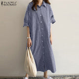 Huidianyin Dress Women Summer Plaid Checked Long Shirt Stylish Laple Neck Short Sleeve SundressVintage Buttons Down Vestidos Femme