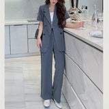 Huidianyin Casual Black Women's Office Pantsuit 2023 Short Sleeve Blazer Loose High Waist Wide Leg Pants Two-Piece Set Female Outfit