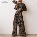 Huidianyin Fashion Leopard Printed Sets ZANZEA Women's Autumn Long Sleeve Matching Sets Casual Loose Urban Tracksuit Wide Leg Pant Sets