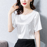 huidianyin Women's Blouse Satin O-Neck Short shirts Pretty and Cheap White Print Silk Fashion Women Blouses 2023 Elegant Summer Female Top