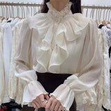 huidianyin Spring Ruffle Stitching Palace Blouse Women Long Flare Sleeve Buttons Ruched Loose Top New Stand Collar Chiffon Shirt 12946 912