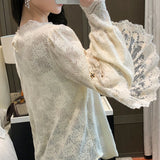 huidianyin Crochet Lace Blouse Women Chic Ruffle Lace Stitching Shawl Ladies Stand Collar Tops 2023 Spring Long Sleeve Slim Shirt13025 925