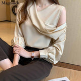 huidianyin Slim Women Off-Shoulder Long Sleeve Chiffon Blouse Autumn 2023 Elegant Satin shirt Solid OL Tops Chemisier Femme 11202