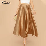 Huidianyin Women High Waist Satin Skirts 2023 Fashion Elegant Party Maxi Skirt Pleated Casual Solid Color A-line Skirt Streetwear