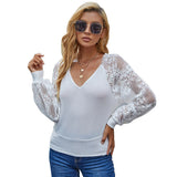 huidianyin Backless Women Lace Blouse V Neck Long Sleeve Lace Stitching Shirts Sweet Spring Elegant White Woman Blouses Top 18474