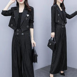 Huidianyin Vintage Casual Blazer Women's Office Slim Jacket Or High Waist Wide Leg Pants Stripe Female Harajuku Loose Comfortable