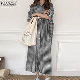 Huidianyin Dress Women Summer Plaid Checked Long Shirt Stylish Laple Neck Short Sleeve SundressVintage Buttons Down Vestidos Femme