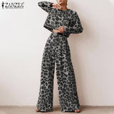 Huidianyin Fashion Leopard Printed Sets ZANZEA Women's Autumn Long Sleeve Matching Sets Casual Loose Urban Tracksuit Wide Leg Pant Sets