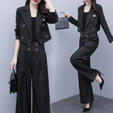 Huidianyin Vintage Casual Blazer Women's Office Slim Jacket Or High Waist Wide Leg Pants Stripe Female Harajuku Loose Comfortable