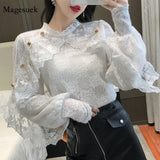 huidianyin Crochet Lace Blouse Women Chic Ruffle Lace Stitching Shawl Ladies Stand Collar Tops 2023 Spring Long Sleeve Slim Shirt13025 925