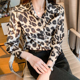 huidianyin Women's Shirt Printed Leopard Blouses for Women Long Sleeve Top Women Polo Neck Button Up Clothing Female 2023 Shirt OL